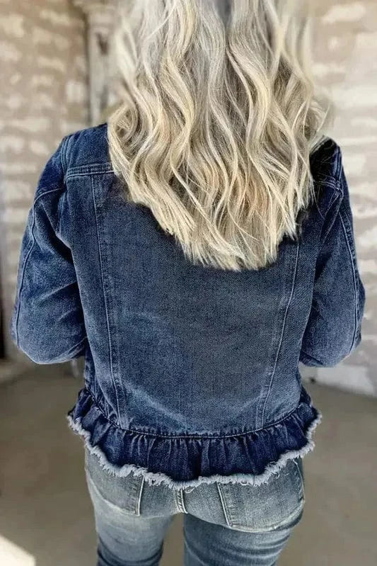 Denim jackets Nautical Charm Navy Blue Ruffled Denim Jacket