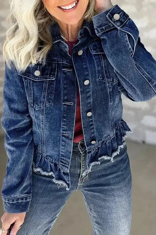 Denim jackets Navy Blue / S / 75%Cotton+25%Polyester Nautical Charm Navy Blue Ruffled Denim Jacket