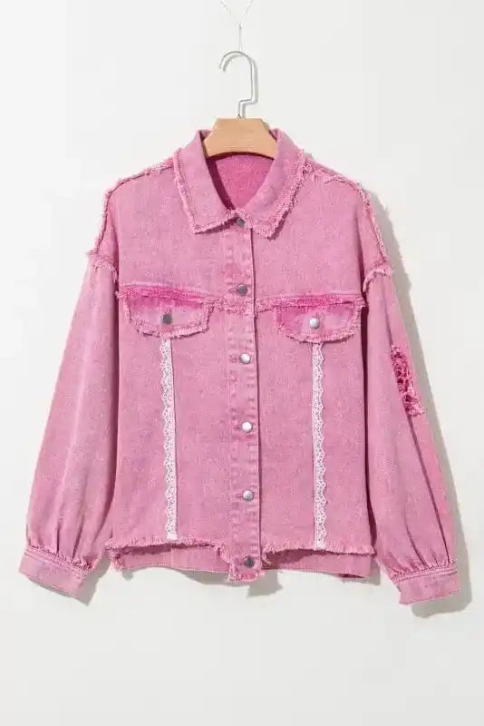 Denim jackets Pink / S / 100%Cotton Lace Accents Distressed Denim Jacket