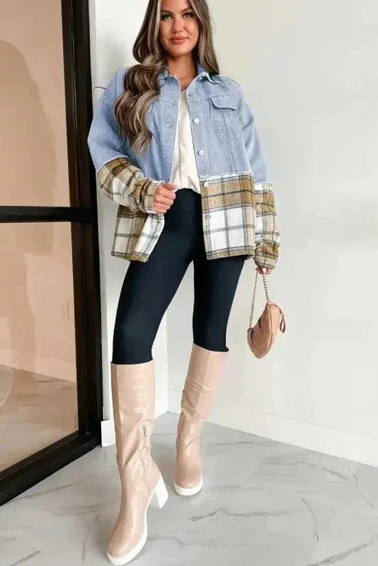 Denim Jackets Plaid Fusion Oversized Denim Jacket