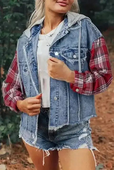 Tartan plaid denim jacket front view — Fashionfitz UK