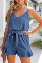 Denim Rompers Ashleigh Blue / S / 100%Cotton Ashleigh Strappy Chambray Romper - Denim Jumpsuit for Women | Summer Casual Playsuit