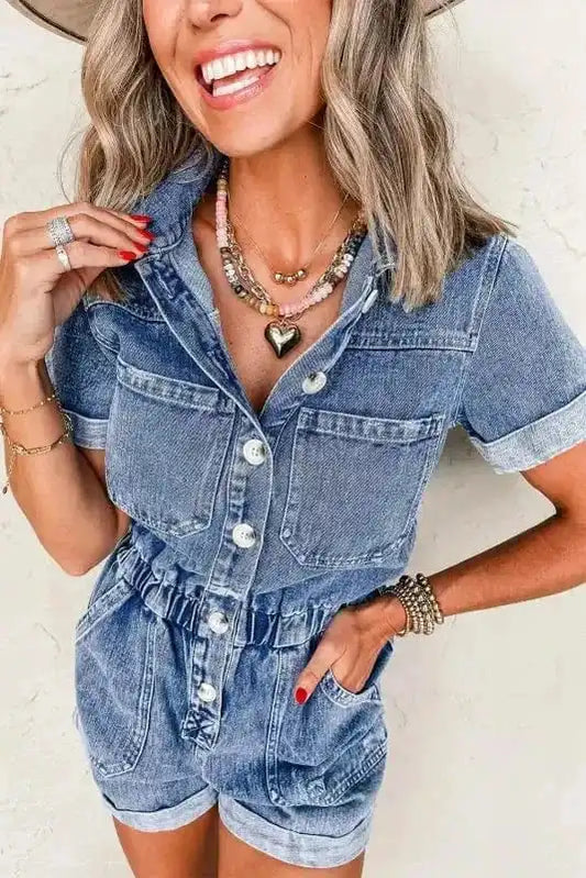 Denim Rompers Dusk Blue / S / 75%Cotton+25%Polyester Short Sleeve Denim Romper