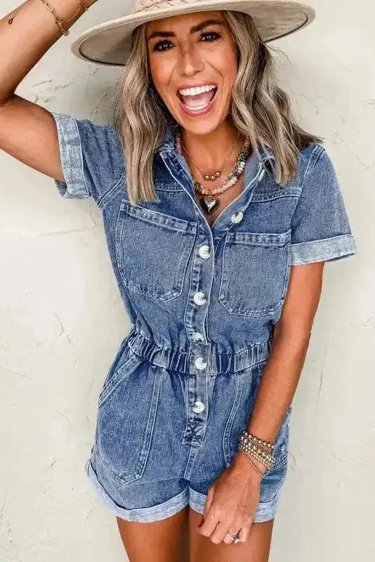 Denim Rompers Short Sleeve Denim Romper