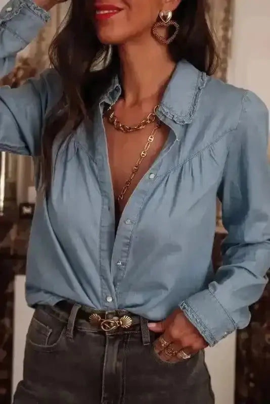 Dusk blue chambray smart casual denim shirt front view — Fashionfitz UK