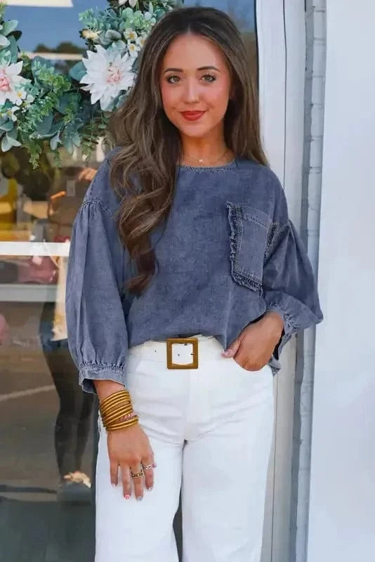Denim Shirts Pocket Play Denim Blouse