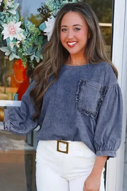 Denim Shirts Pocket Play Denim Blouse