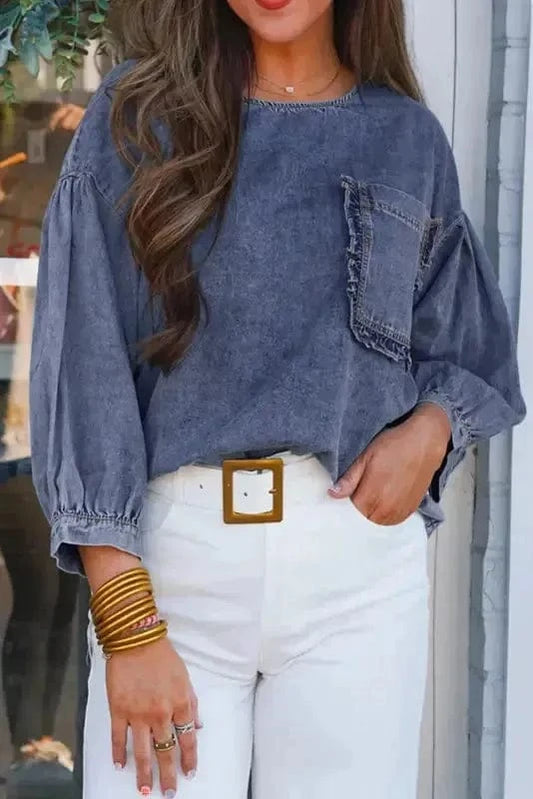 Denim Shirts Sky Blue / S / 100%Cotton Pocket Play Denim Blouse
