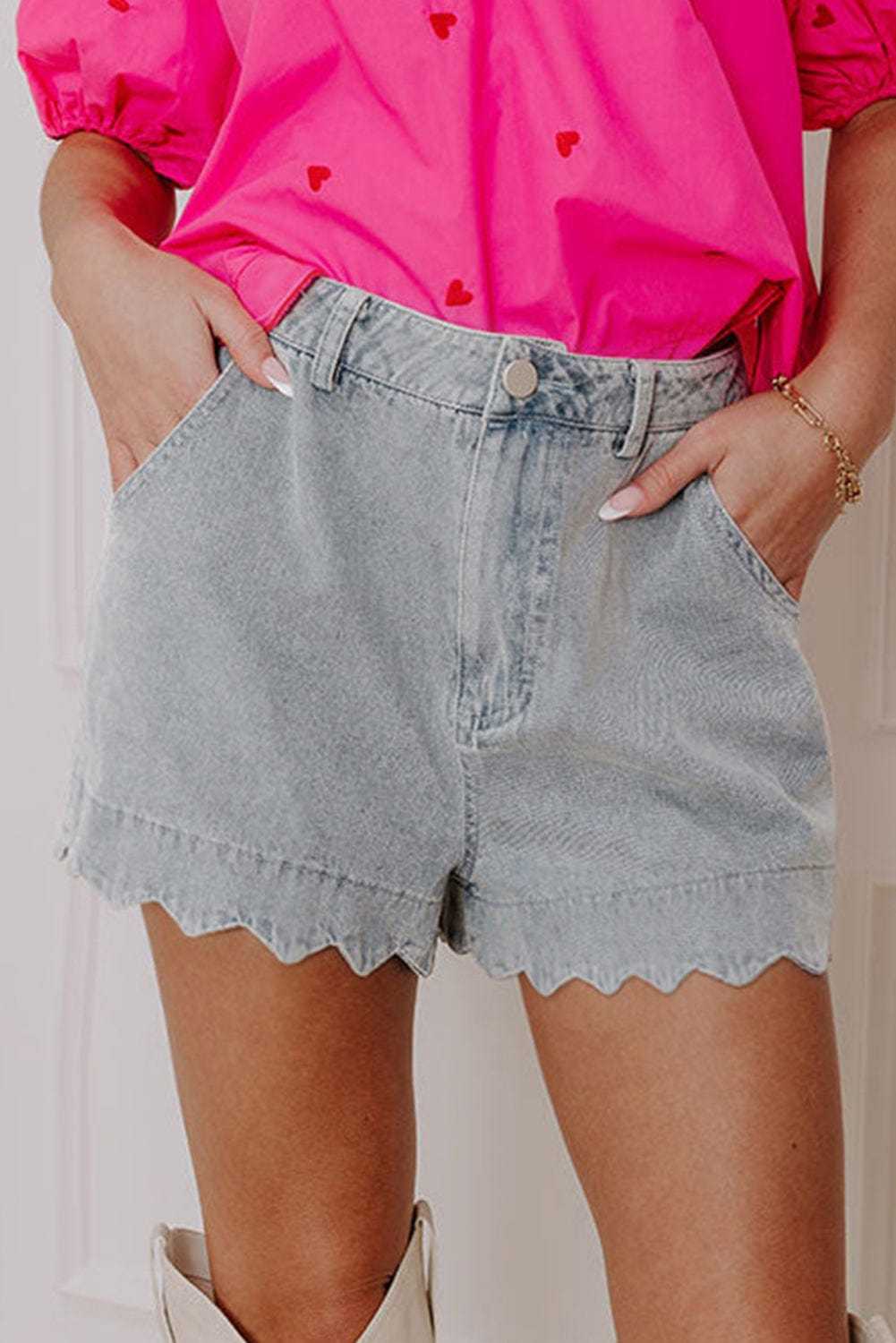 Denim Shorts Dusk Blue / 4 / 72%Cotton+26%Polyester+2%Elastane Scalloped Hemline Denim Shorts