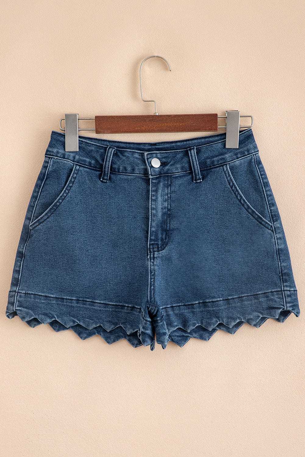 Denim Shorts Scalloped Hemline Denim Shorts