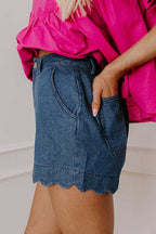 Denim Shorts Scalloped Hemline Denim Shorts