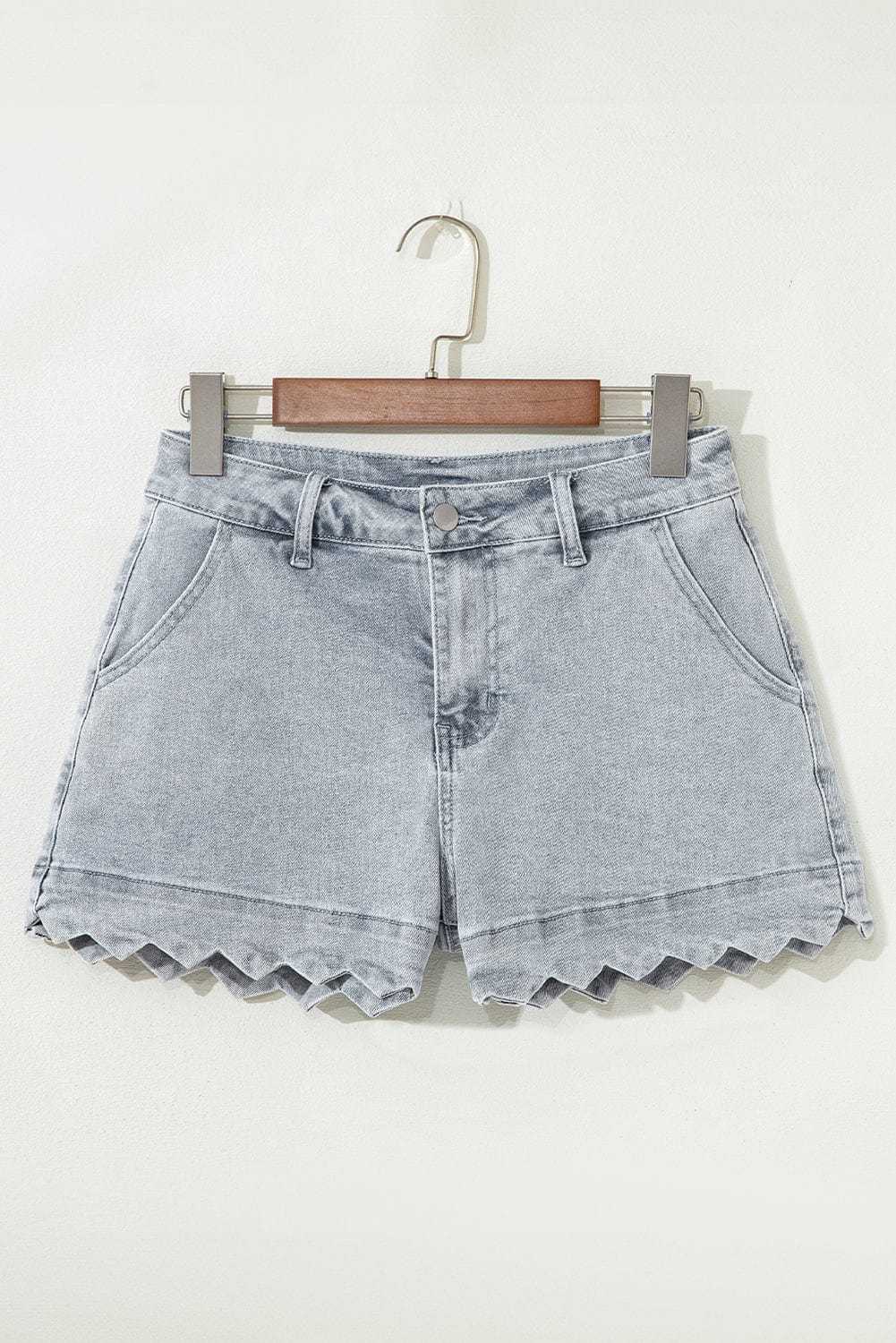 Denim Shorts Scalloped Hemline Denim Shorts