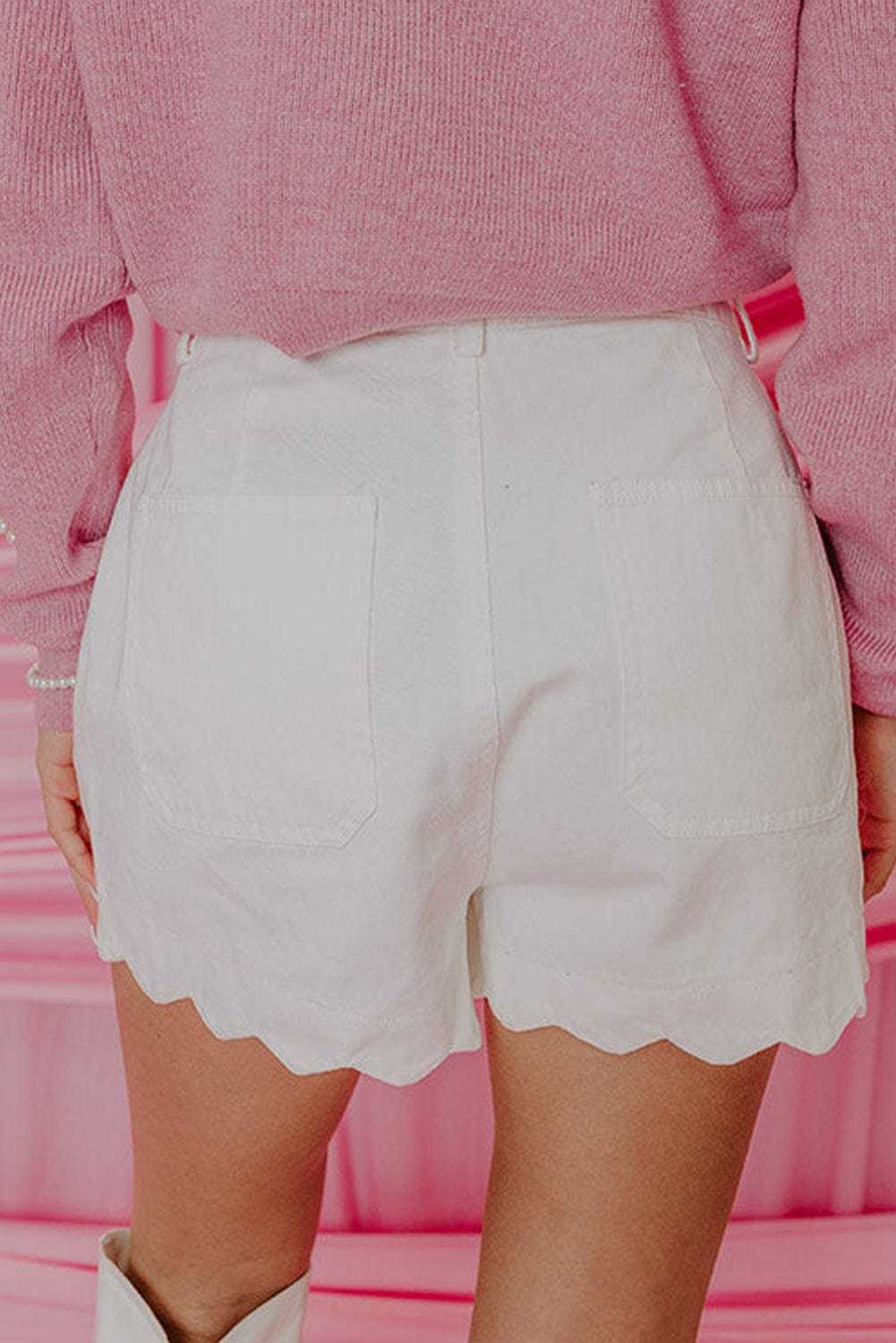 Denim Shorts Scalloped Hemline Denim Shorts