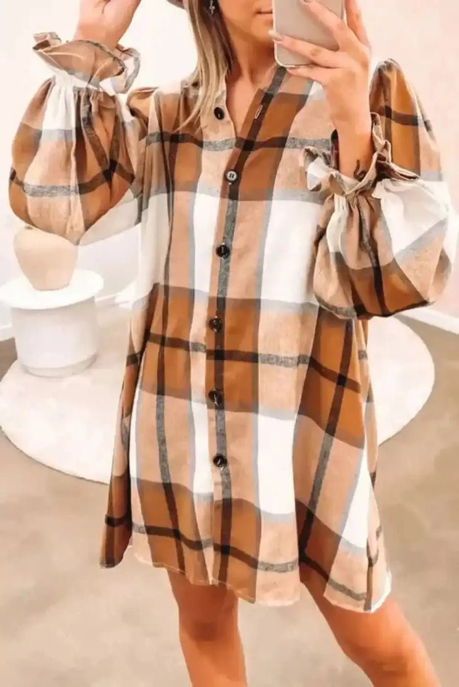 Side view of khaki plaid H-line shirt dress showing midi length and button-up front detail Fashionfitz UK