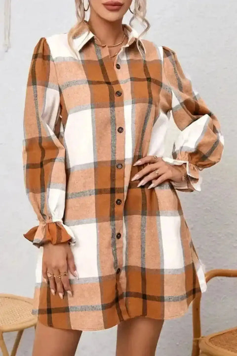 Woman wearing khaki plaid ruffled sleeve shirt dress with collared neck and button-up front view Fashionfitz UK