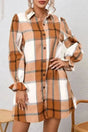 Woman wearing khaki plaid ruffled sleeve shirt dress with collared neck and button-up front view Fashionfitz UK