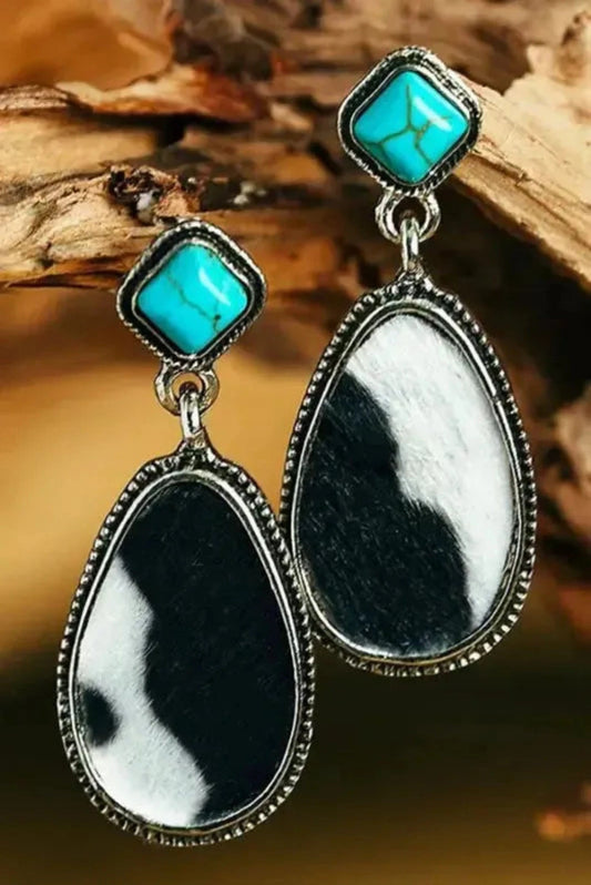 Earrings Black / ONE SIZE Black Cow Print Turquoise Drop Earrings