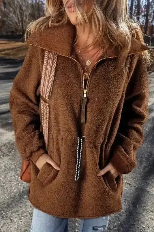 Brown half-zip fleece pullover jacket front view — Fashionfitz UK