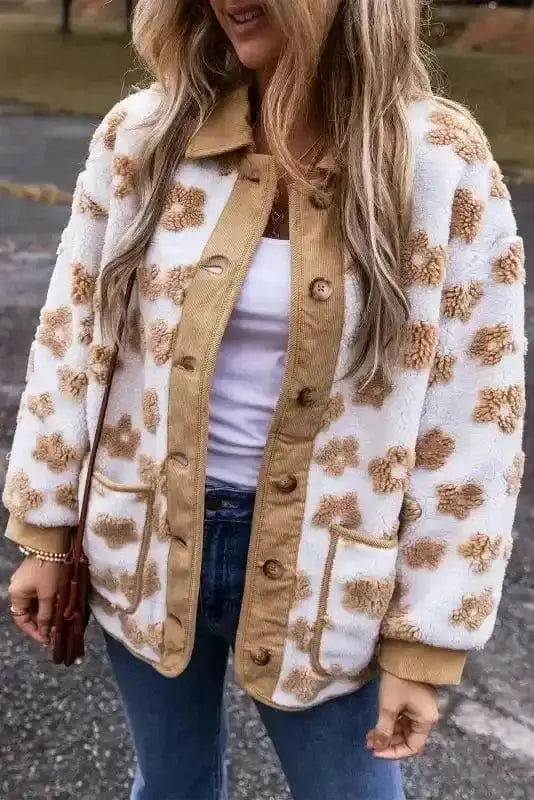 Light french beige blossom cozy fleece jacket front view — Fashionfitz UK