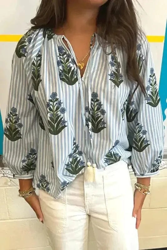 Floral Blouses Beau Blue / S / 100%Polyester Floral Stripe Elegance Blouse