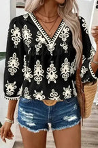 Floral Blouses Black / S / 100%Polyester Boho Chic Geometric Blouse - Black