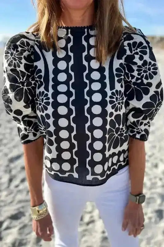 Floral Blouses Black / S / 100%Polyester Palermo Puffed Sleeve Blouse