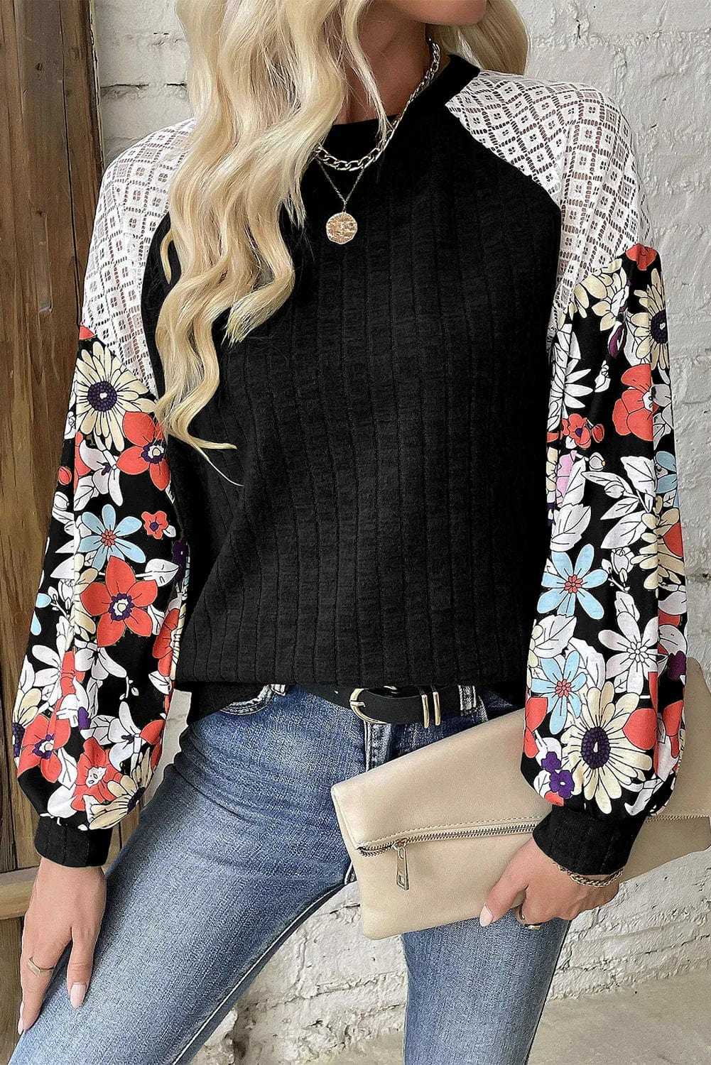 Floral Blouses Black / S / 97%Polyester+3%Elastane Floral Sleeve Ribbed Blouse