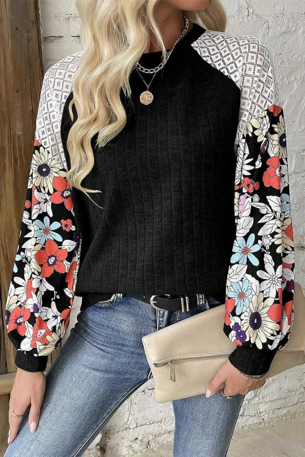 Black floral sleeve ribbed patchwork chic blouse front view — Fashionfitz UK