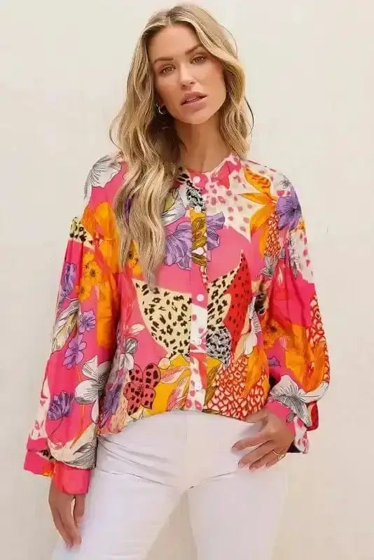 Orange Floral Bubble Sleeve Abstract Blouse Women UK styled as a bold vibrant summer occasion outfit — Fashionfitz