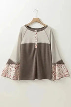 Floral Blouses Blossom Henley Top with Flared Sleeves
