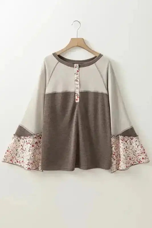 Floral Blouses Blossom Henley Top with Flared Sleeves