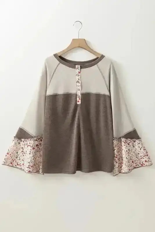 Light French beige Floral Patchwork Henley Flared Sleeve Top Women UK styled as an artisan casual autumn outfit — Fashionfitz