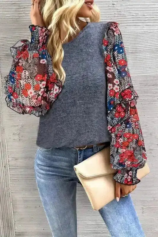 Blue Sheer Floral Sleeve Colour Block Blouse Women UK — front view showing rich blue body and delicate sheer floral sleeves — Fashionfitz
