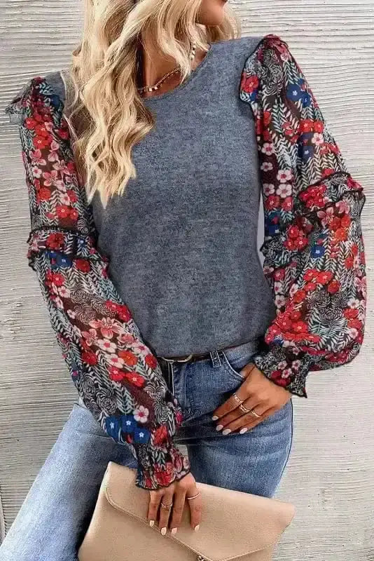Blue Sheer Floral Sleeve Colour Block Blouse Women UK styled as a sophisticated autumn occasion outfit — Fashionfitz