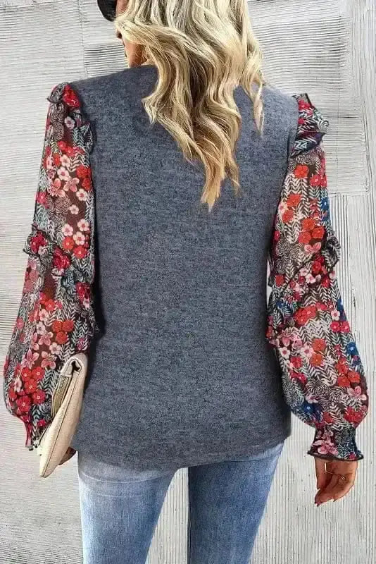 Back view of Blue Sheer Floral Sleeve Colour Block Blouse showing relaxed silhouette and sheer sleeve overlay — Fashionfitz