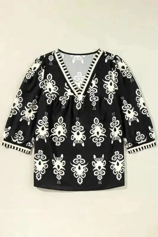 Floral Blouses Boho Chic Geometric Blouse - Black