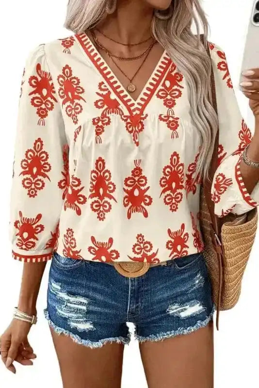 Floral Blouses Boho Chic Geometric Blouse - Orange