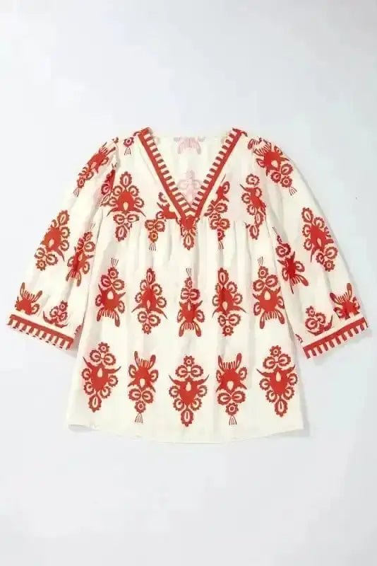 Side view of Orange Geometric Paisley Boho Blouse showing shirred bodice and three-quarter sleeve detail — Fashionfitz