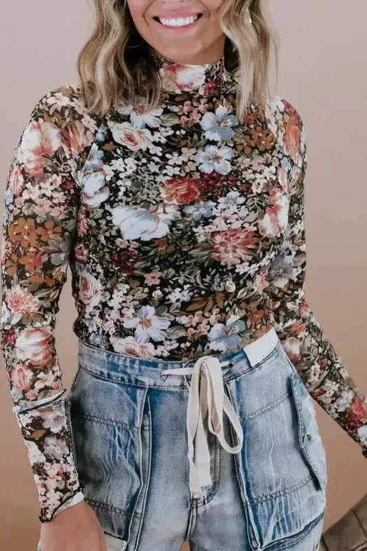 Floral Blouses Brown / S / 95%Polyester+5%Elastane Fleur Sophistication Mesh Top
