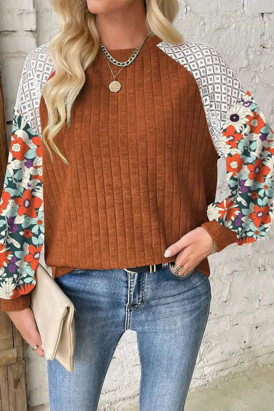 Floral Blouses Cinnamon / S / 97%Polyester+3%Elastane Floral Sleeve Ribbed Blouse