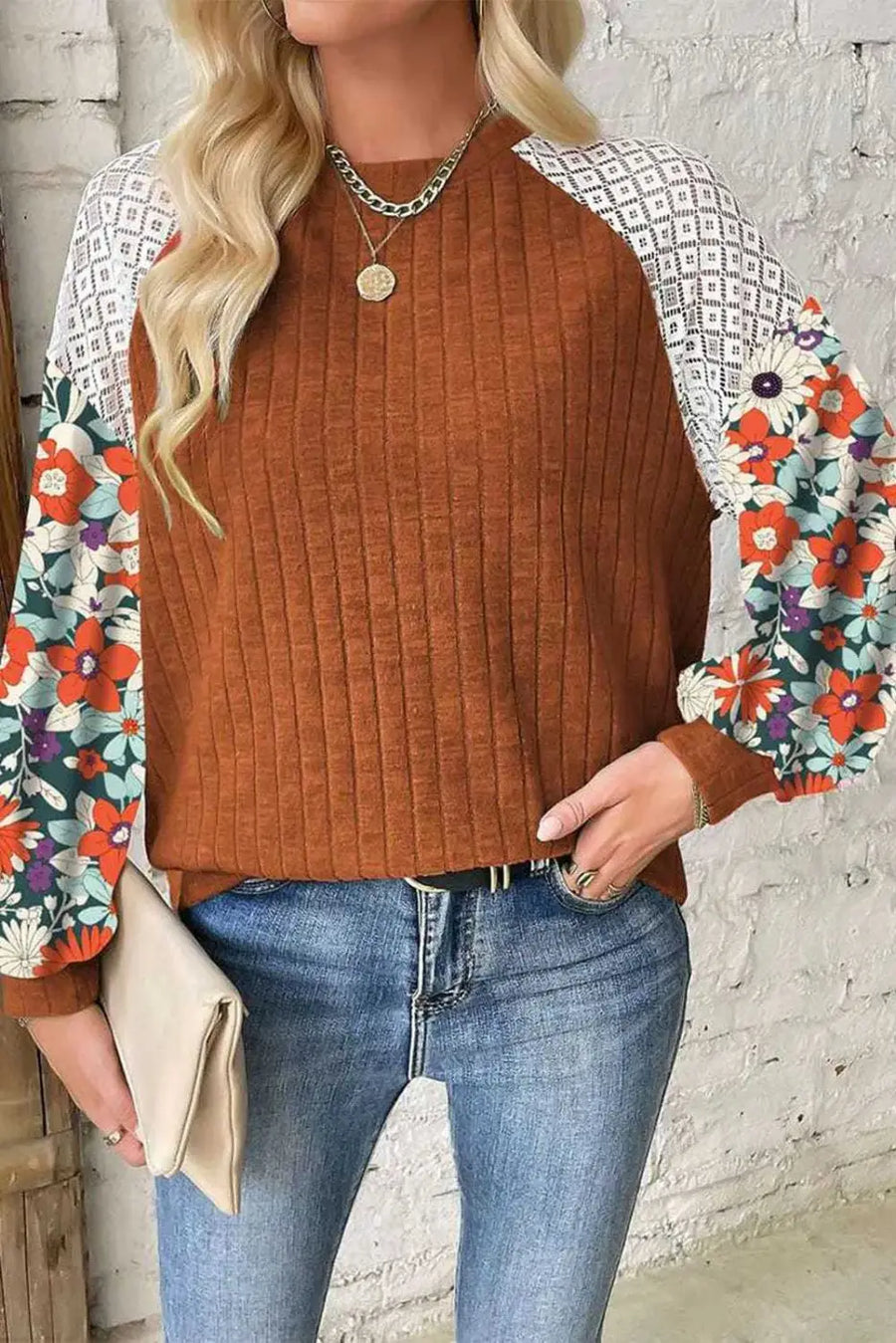 Cinnamon Floral Sleeve Ribbed Patchwork Blouse Women UK — warm cinnamon colourway showing floral sleeve contrast and ribbed texture — Fashionfitz
