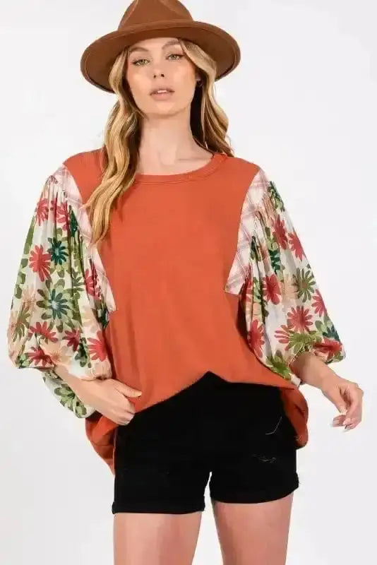 Close-up of Orange Floral Puff Sleeve Spring Blouse showing vibrant desert gold floral on poly-cotton-elastane fabric — Fashionfitz