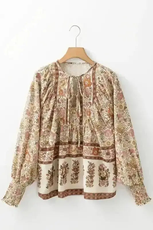 Close-up of Floral Tie Neck Lightweight Blouse showing vibrant floral print and chic self-tie bow neckline — Fashionfitz