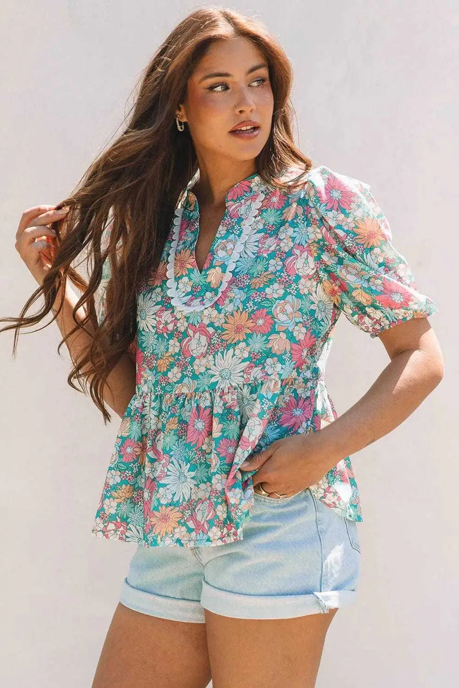 Green Floral Puff Sleeve Blouse Women UK styled as a feminine summer garden party outfit — Fashionfitz