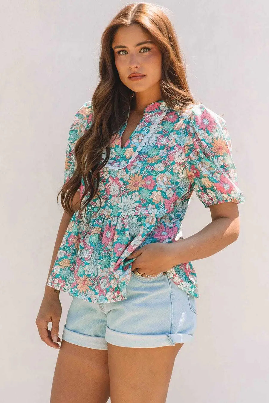 Side view of Green Floral Puff Sleeve Blouse showing puff sleeve structure and shirred bodice detail — Fashionfitz