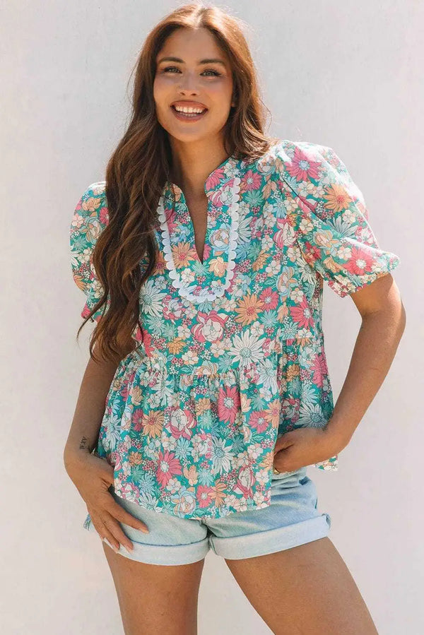 Green floral feminine puff sleeve blouse front view — Fashionfitz UK