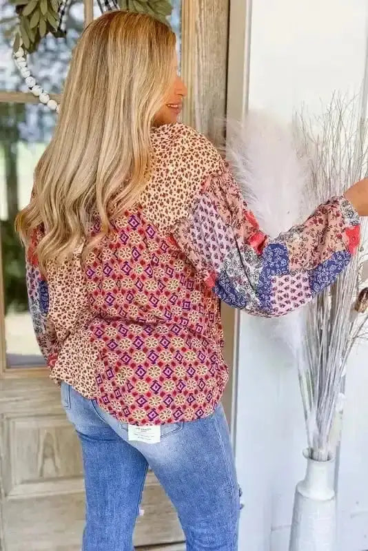 Floral Blouses Floral Fusion Tied V-Neck Blouse
