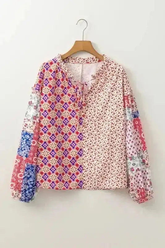 Floral Blouses Floral Fusion Tied V-Neck Blouse