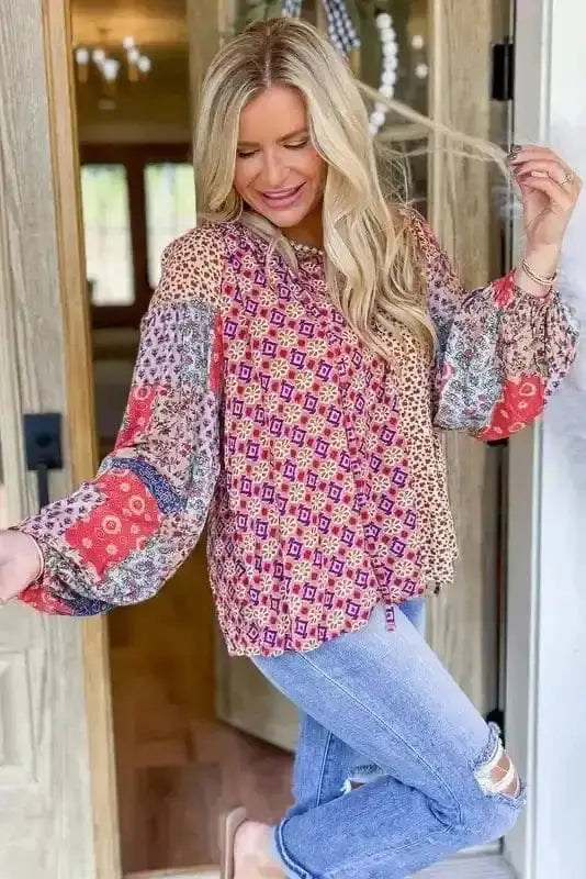 Side view of Pink Floral Tied V-Neck Blouse showing self-tie bow detail and floral colour block construction — Fashionfitz