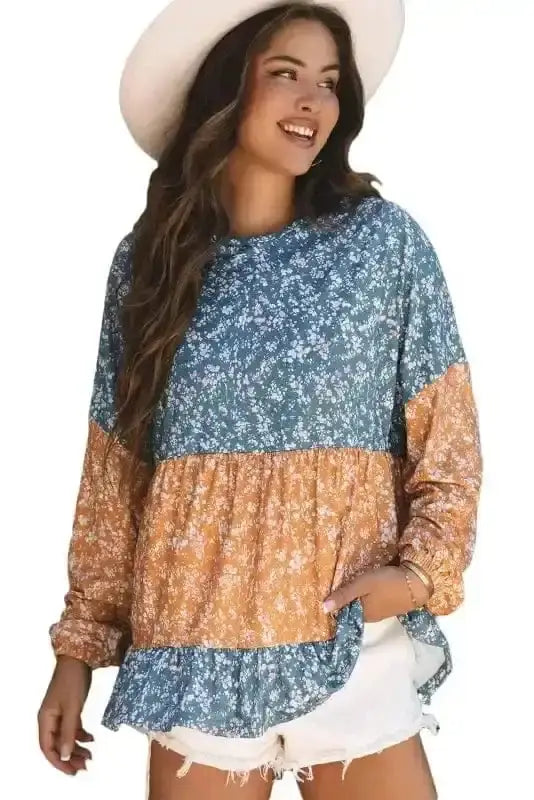 Floral Blouses Floral Mosaic Ruffle Hem Blouse